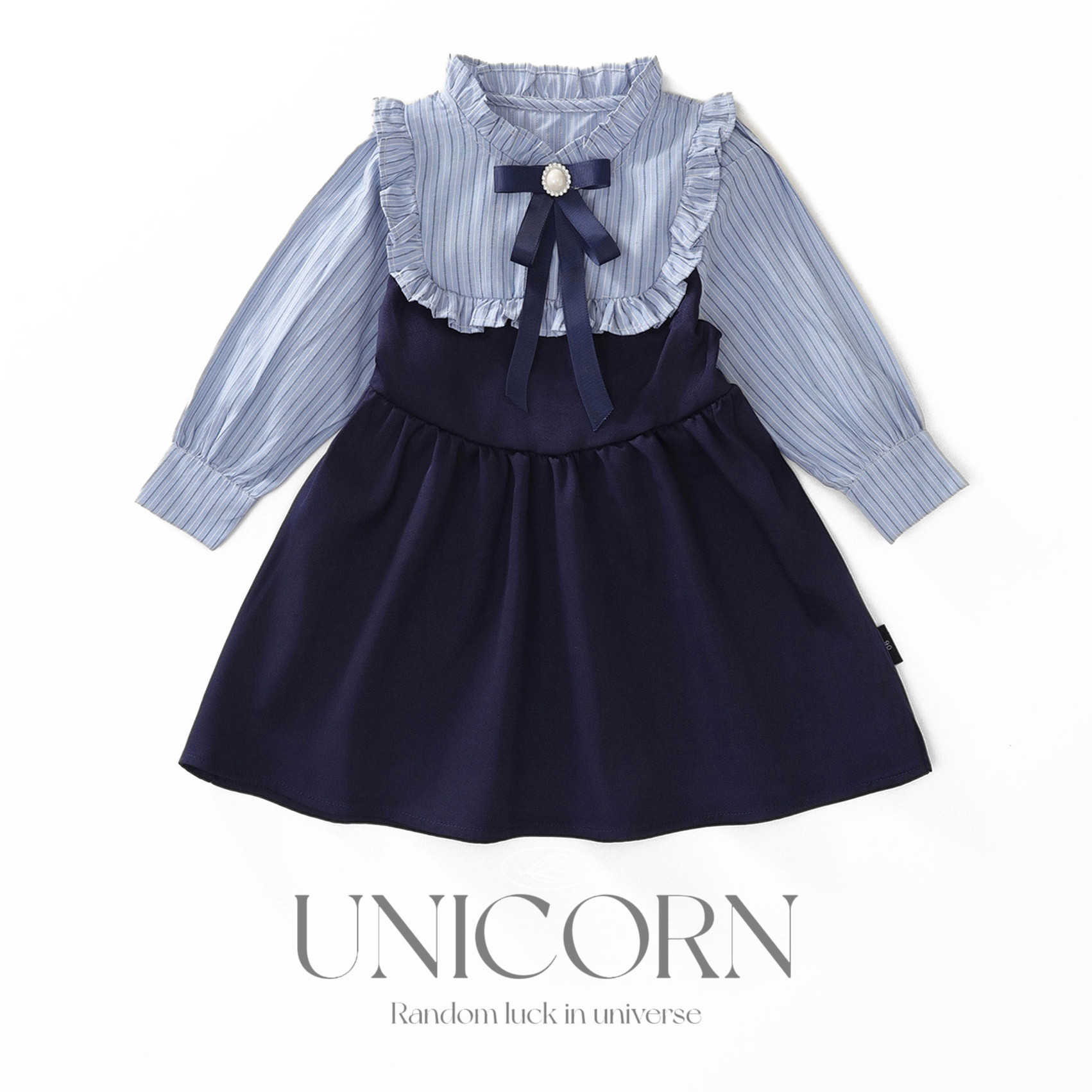 UNICORN女童学院风连衣裙春秋季中小童时尚假两件条纹撞色长袖裙