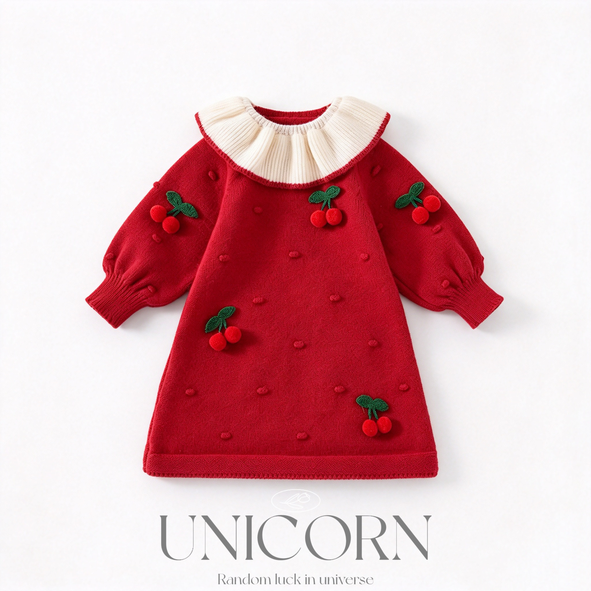 UNICORN女童26新款红色针织连衣裙女宝可爱立体樱桃撞色显白毛衣