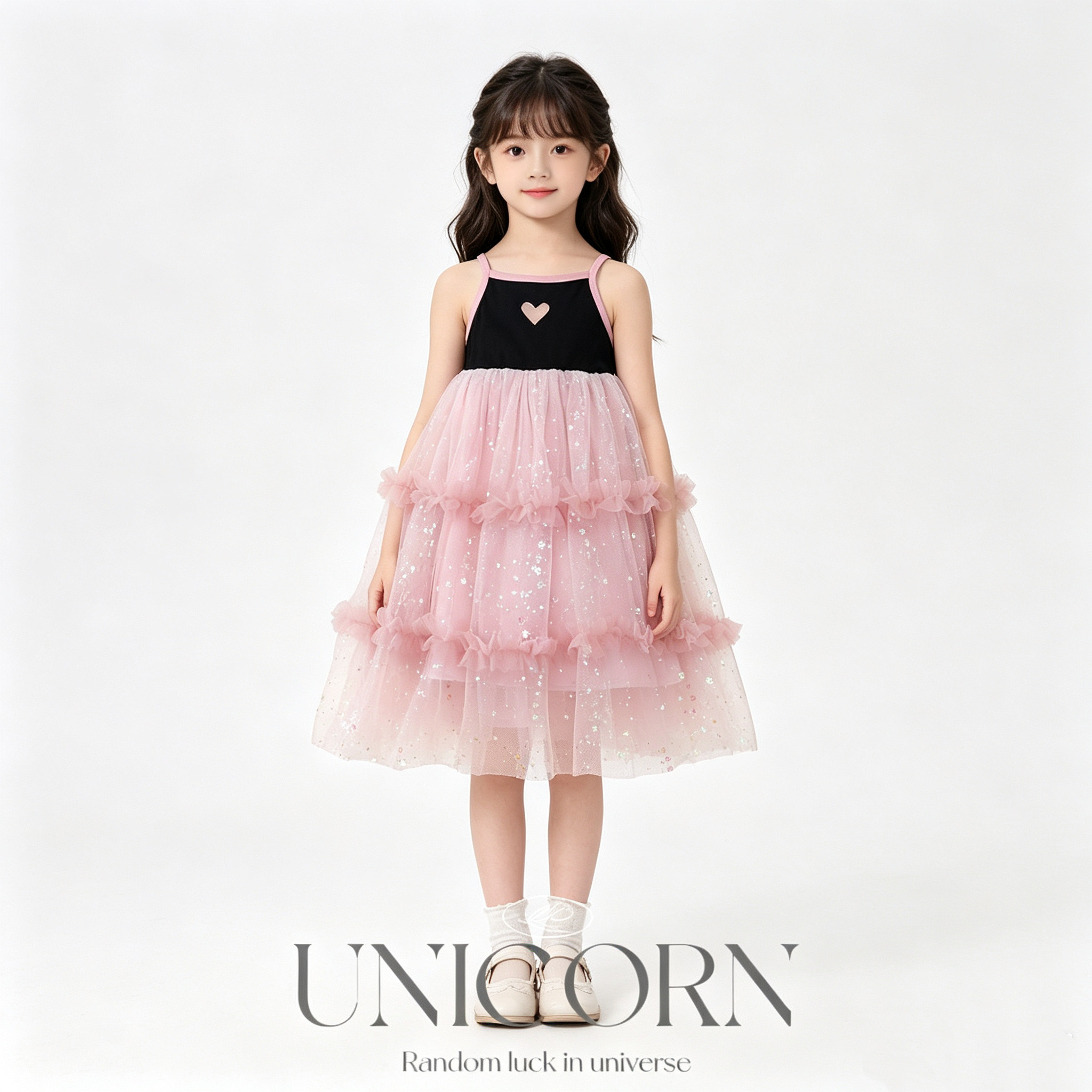 UNICORN女童26夏新款韩版吊带网纱露背公主裙超美亮片蓬蓬背心裙