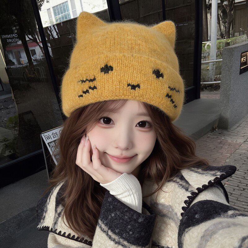 韩系猫耳针织帽女秋冬保暖防风