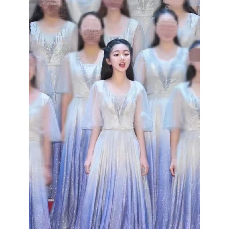 速发大合唱团演出服女长裙端庄大气合唱队白色礼服裙表演服装长款