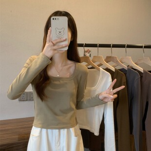 配大衣内搭T恤上底衫 长新短款 款 速发卡其色方领秋冬打衣袖