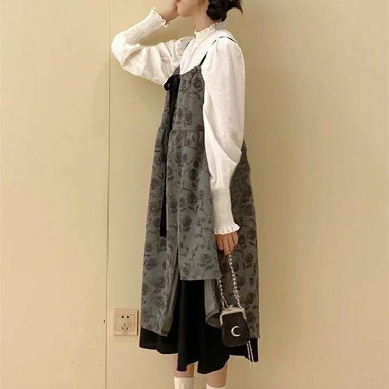 速发茶里茶气别致连衣裙温柔系穿搭吊带长裙到脚踝法式背带裙两件