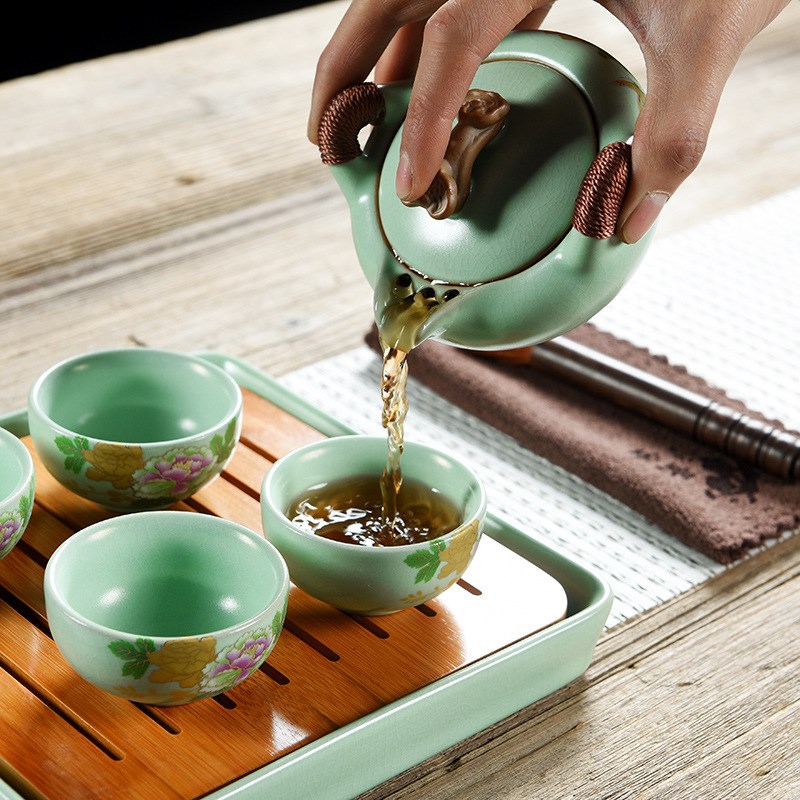 速发汝窑瓷色天香茶具套装过滤手抓壶开旅汝国陶瓷茶具片行茶具便