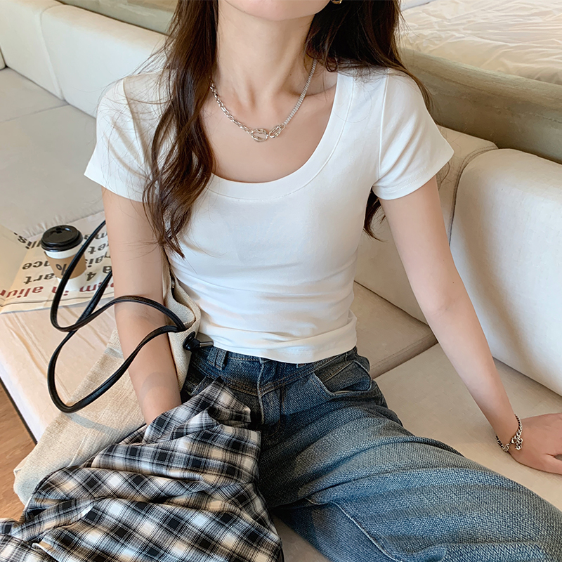 速发u领t恤夏20款年新款白色纯正短2大领口棉肩打底内搭上衣