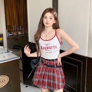 速发大码学院风套装红色格子半身裙夏设搭感计系甜酷穿盐三件套