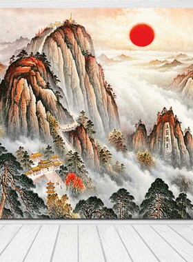 速发画饰画日出有山无水装中挂画红太式客厅自粘画墙画