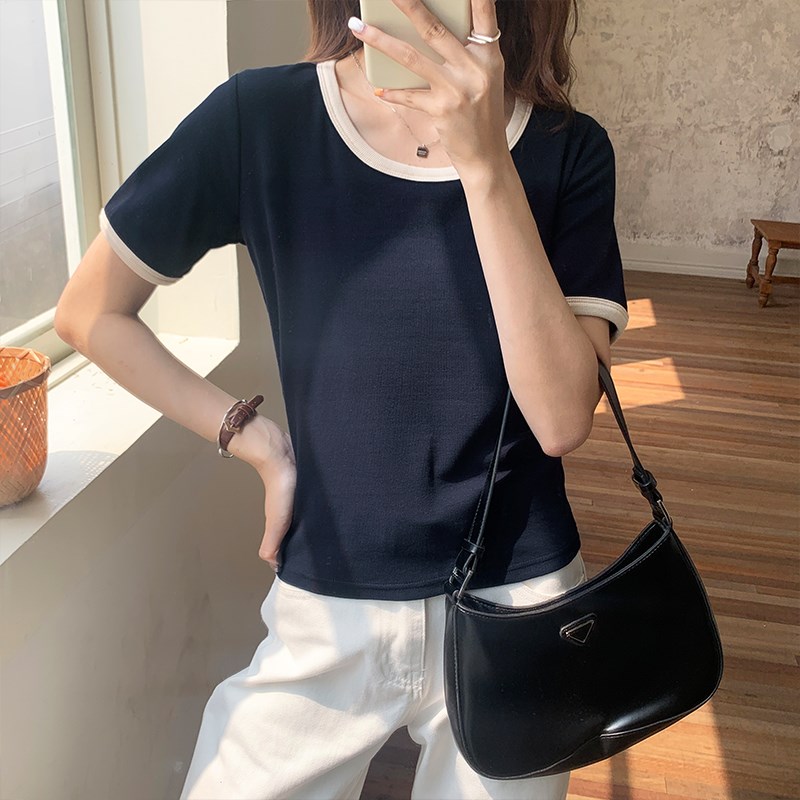 速发设计感螺纹撞色U领t季202夏恤新古复款洋气体恤上衣潮