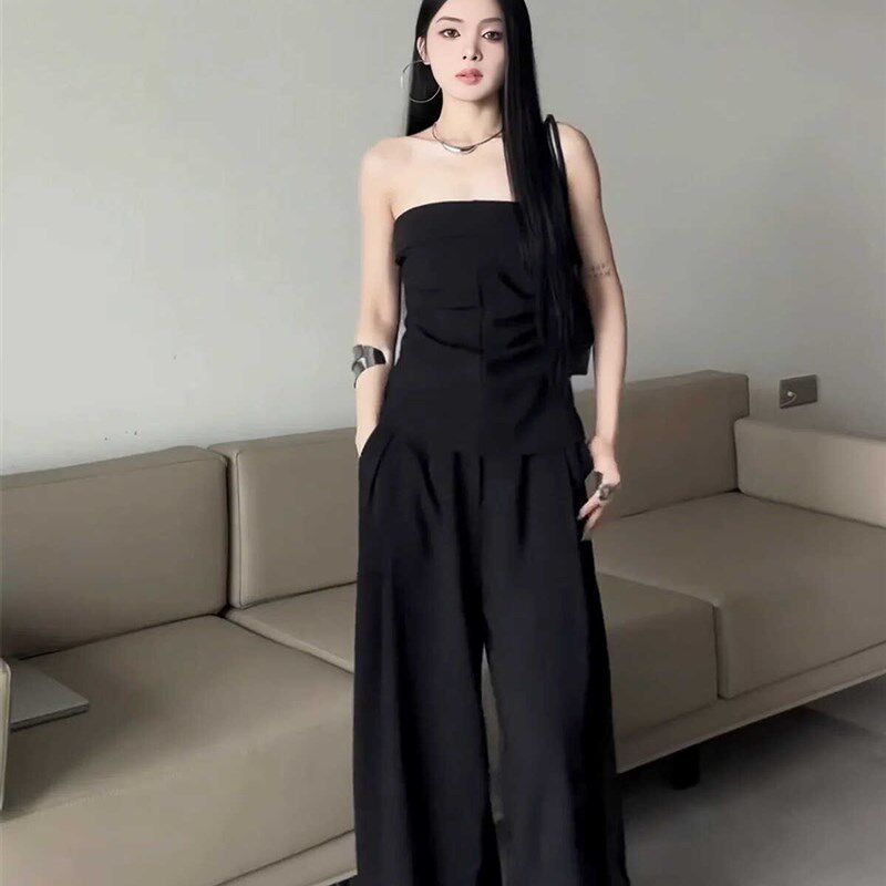 速发大码纯欲风辣妹港风黑色两致抹胸背心上衣阔腿裤别质气件套装