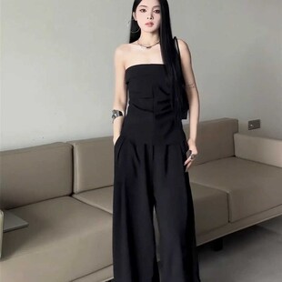 速发大码纯欲风辣妹港风黑色两致抹胸背心上衣阔腿裤别质气件套装