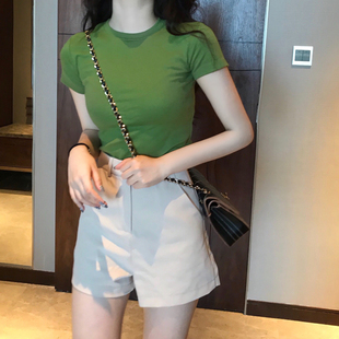女紧身纯棉牛油果绿高腰上衣女短款 露脐心机t恤女修身 超火cec短袖