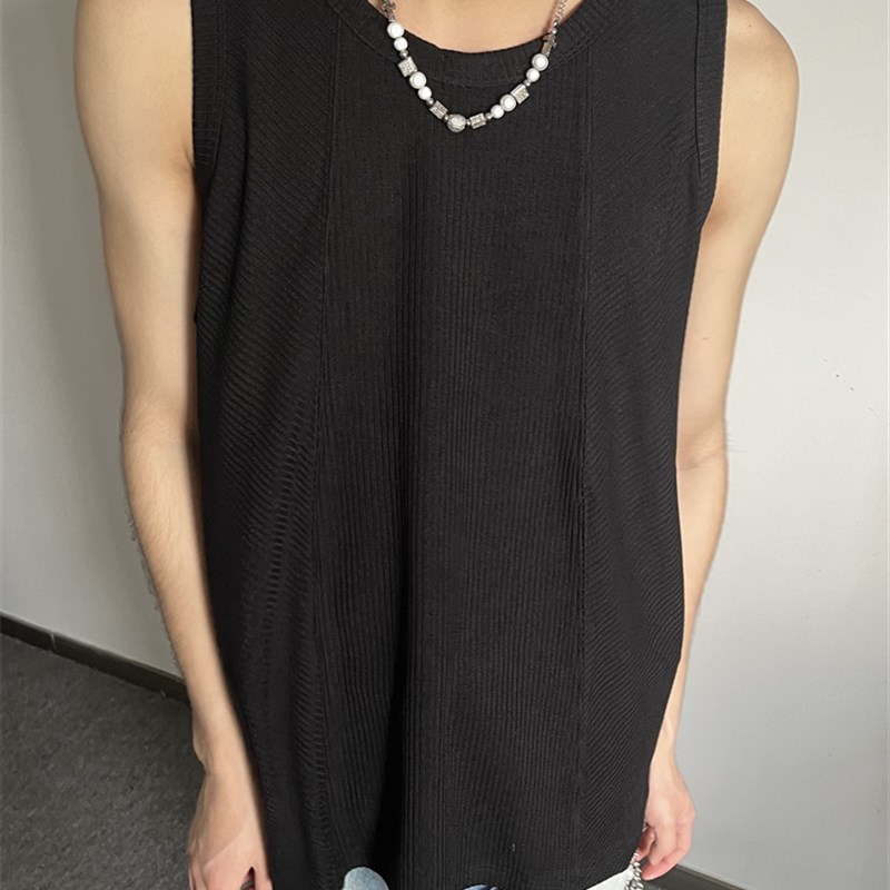 TWORED坑条感拼接老汉背心无袖t恤复古街头内搭汗衫潮情侣