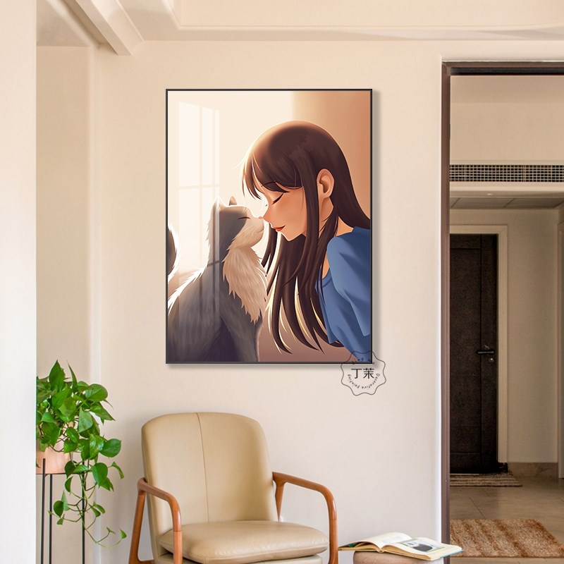 卡通女孩客厅装饰画动漫猫咪玄关壁画温馨卧室书房挂画大气落地画