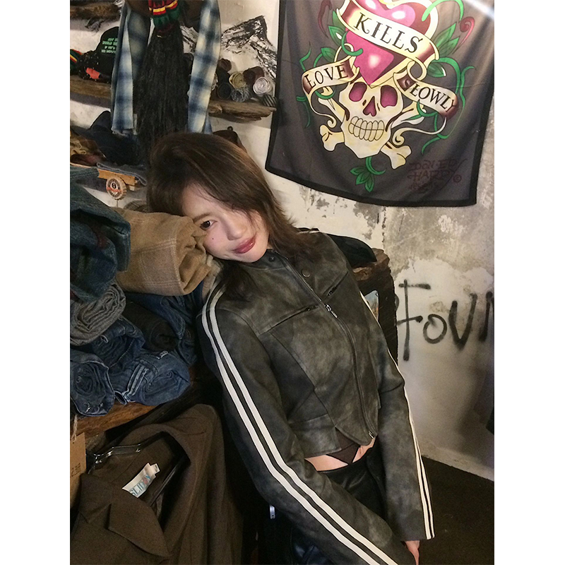 灰色水洗做旧短款pu皮衣外套女秋季修身显瘦甜酷复古机车夹克上衣