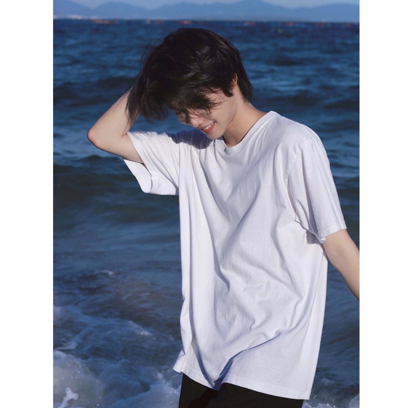 白色短袖t恤男生夏季450g重磅精梳纯棉7分袖oversize大码纯白体恤