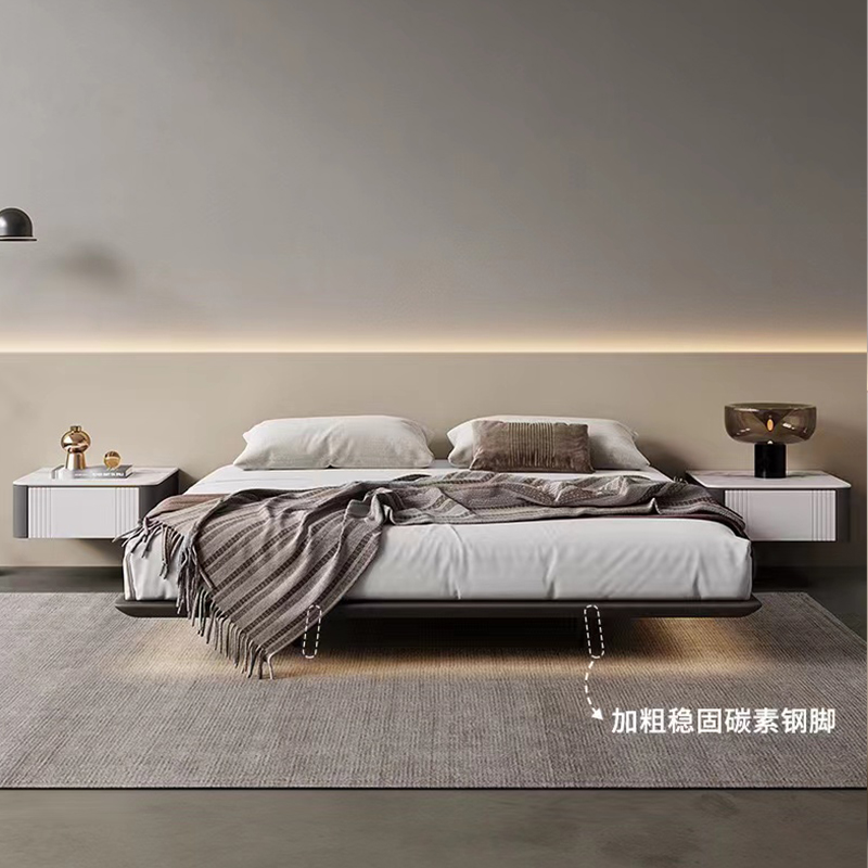 意式无床头悬浮床架灯带白蜡木小户型网红主卧极简悬空实木双人床