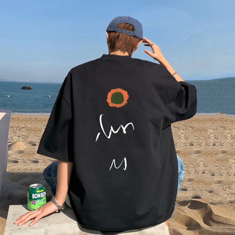 日系短袖t恤男夏季菊花图案中袖打底衫少年感oversize大码7分袖潮