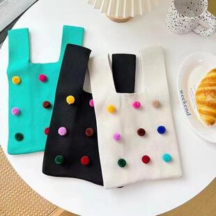 针织包包手工diy新款DIY彩色毛绒球手工手提包水桶包针织托特包彩
