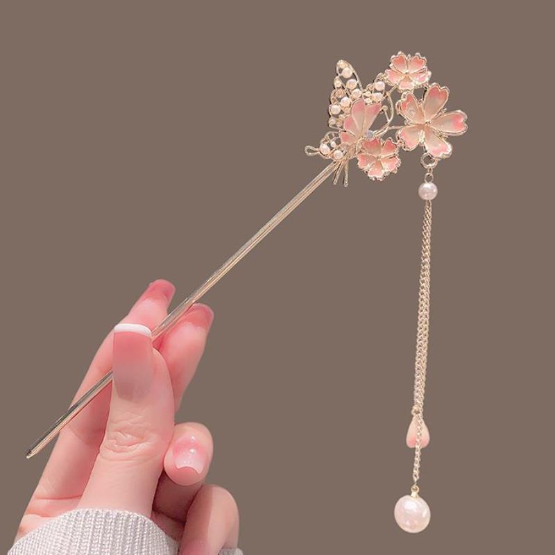 古风花朵发饰女春夏樱花发簪感汉服簪子发钗流苏旗袍盘发钗子D3