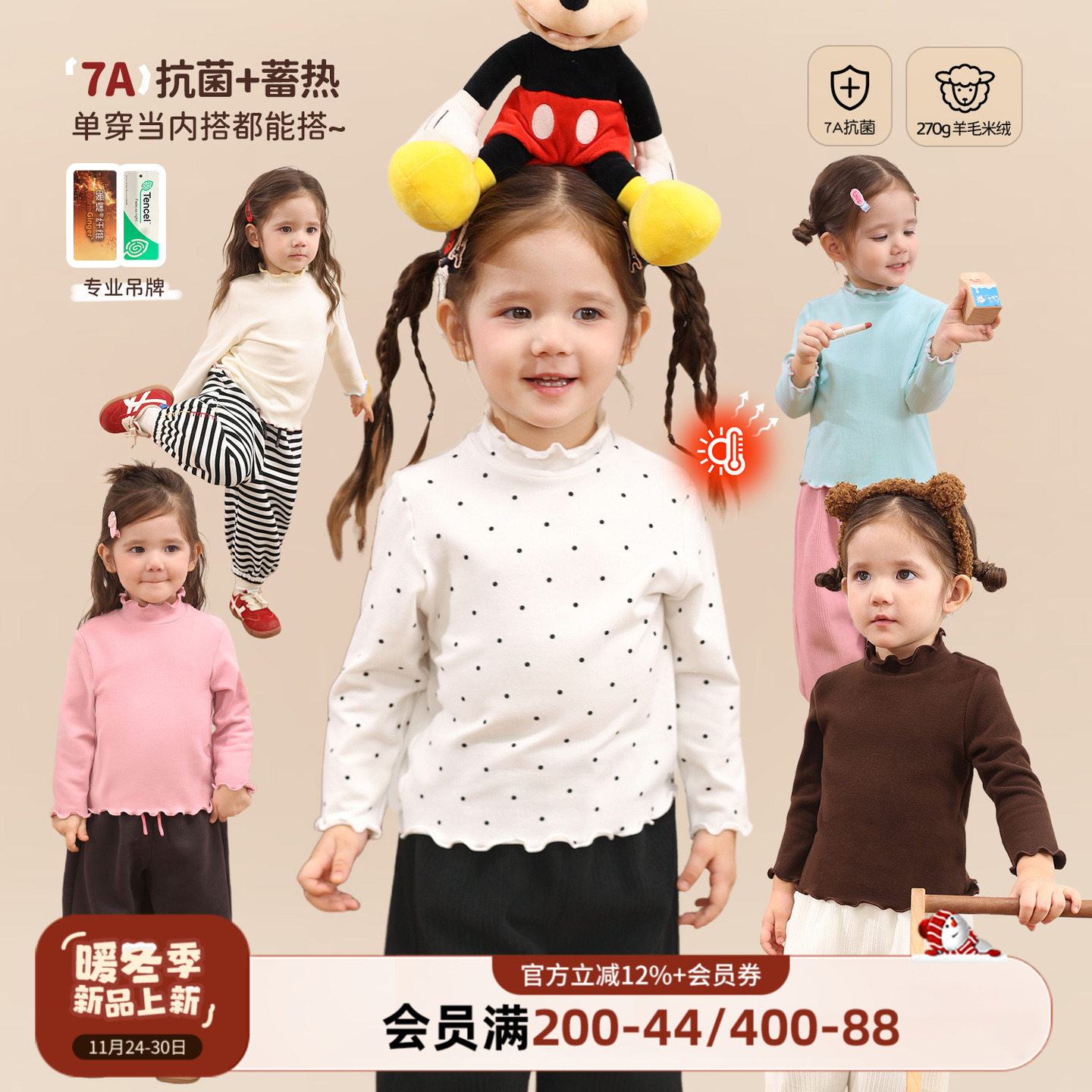 小o爸女婴童女宝宝t恤长袖加绒2025秋冬婴儿保暖打底衫木耳边上衣