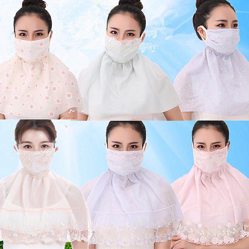 夏季护颈护脸防晒口罩户外骑行防紫外线披肩口罩蕾丝雪纺面罩