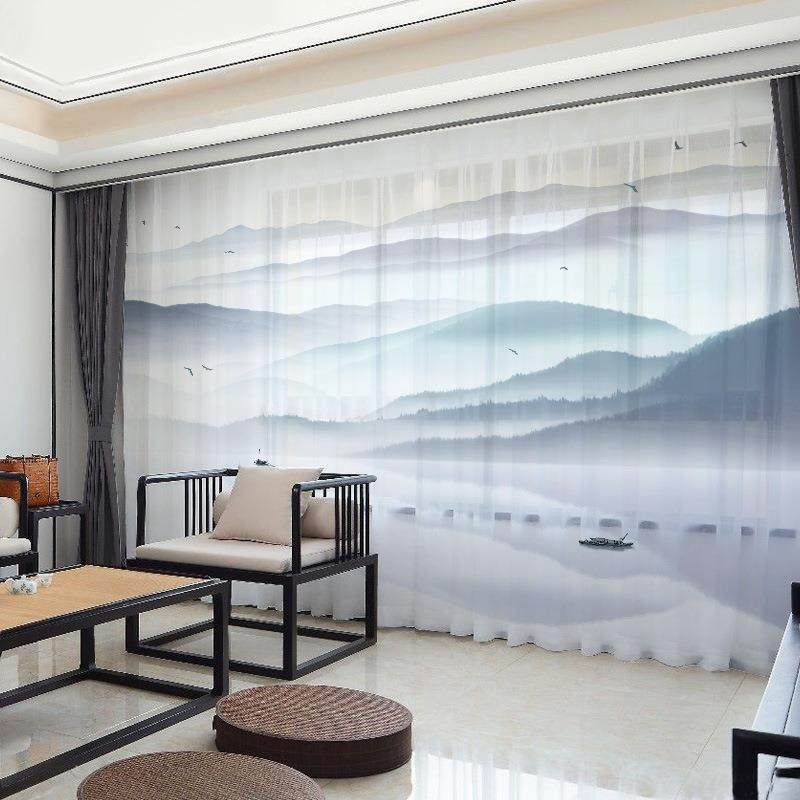 GZ6M新中式花鸟画窗帘风国画复古风古典卧室客厅书房遮光窗纱