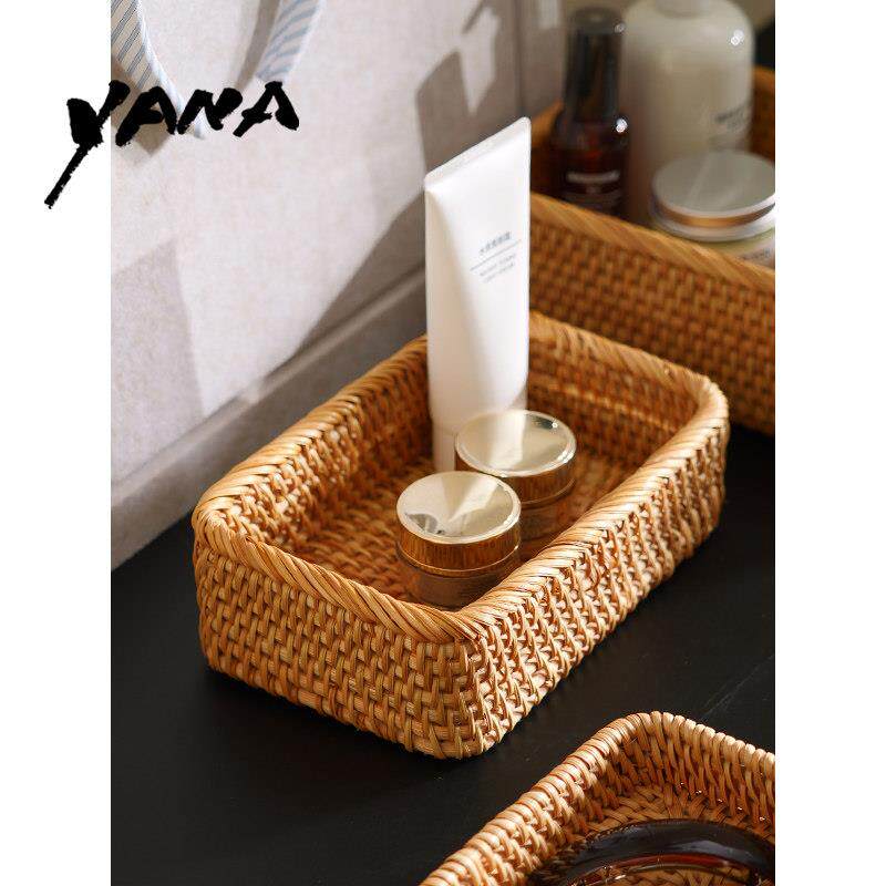 YANA亚纳桌面覆古天然藤编收纳篮高级感化妆品首饰收纳分类整理盒