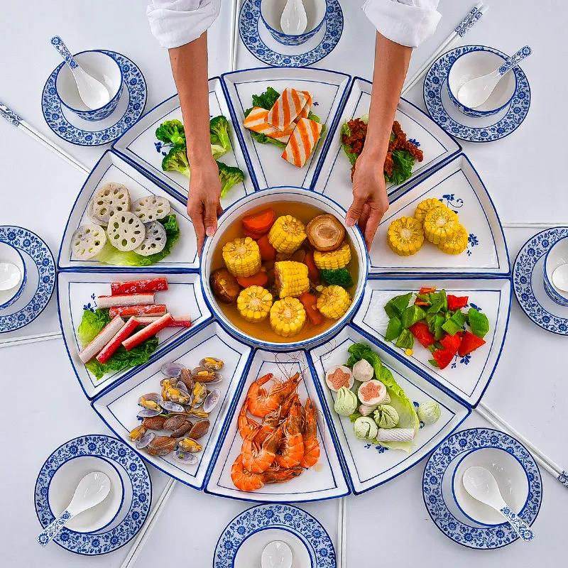 网红拼盘青花瓷摆菜套盘年夜饭聚会圆桌菜盘子碗碟勺组合餐具套装,餐饮具,盘,淘宝优惠券,粉丝福利购,淘宝优惠卷