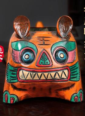 老虎收纳盒摆件吉祥物木质家居装饰品储物网红创意十二生肖山桃木