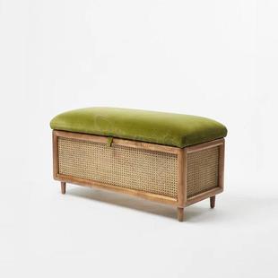 新中式艺术美容会所可存放实木藤换鞋凳存放沙发凳卧室床尾凳