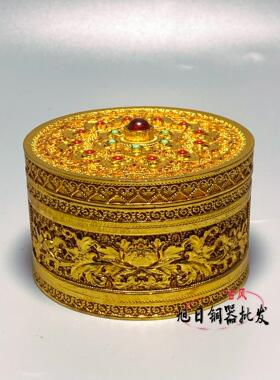 仿古铜器镀金牡丹花开首饰盒宝石首饰盒镂空花丝圆盒家居装饰摆件