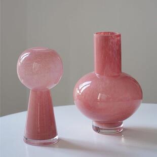 芬顿中古高级感粉红色花瓶 玻璃大肚子鲜花插花器小众客厅摆件