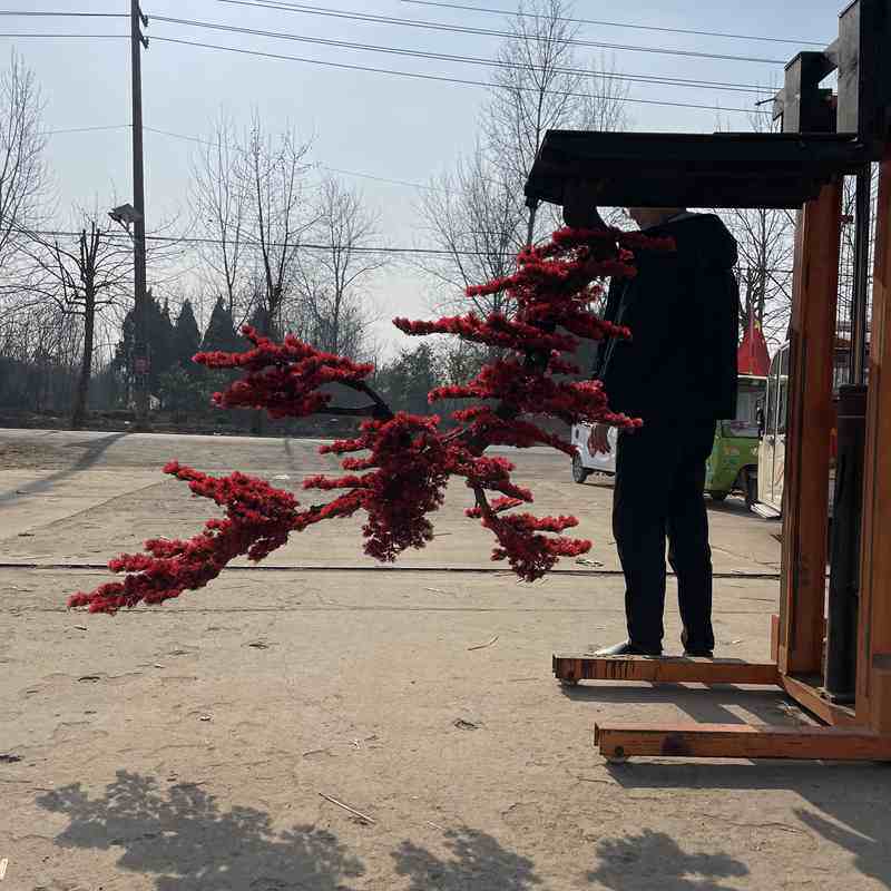 促真松树迎客松红色假树落地摆放造景摆件盆景罗汉松大型假树定新