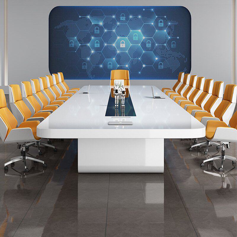 贤闽白色办公桌烤漆大型会议桌长桌简约现代洽谈桌会议室桌椅组合