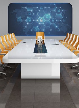 贤闽白色办公桌烤漆大型会议桌长桌简约现代洽谈桌会议室桌椅组合