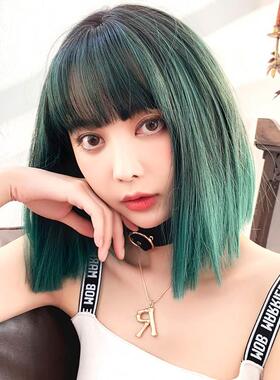 l街皇修绿色假发女短发七自然帅气脸直发可爱网红全套圆脸短直后