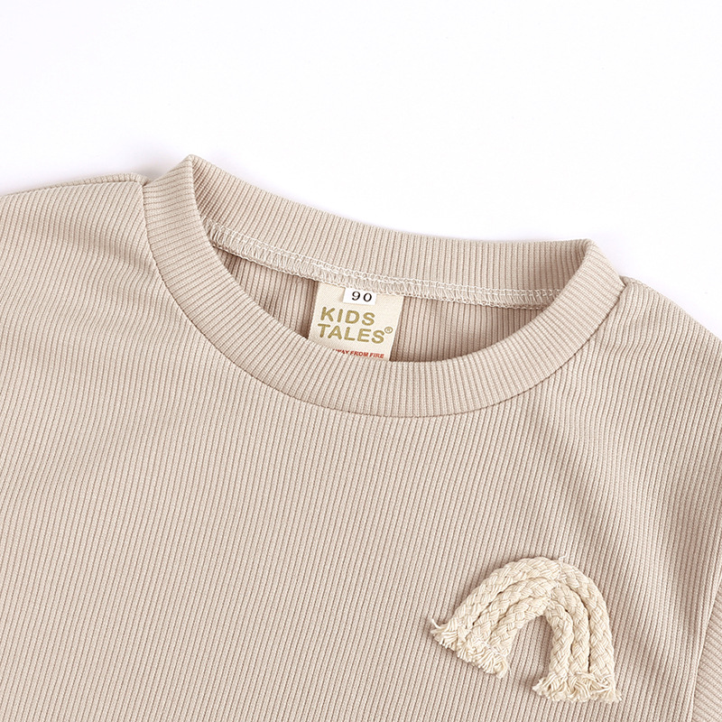 INS速卖通2022秋冬圆领彩虹绣花长袖长裤婴儿坑条套装儿童两件套