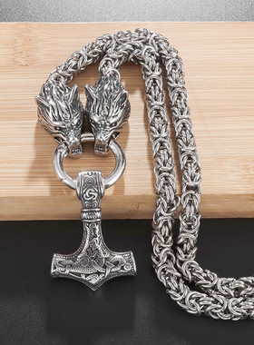 新品Vintage Nordic Men's Viking Necklace Double Wolf Head Th