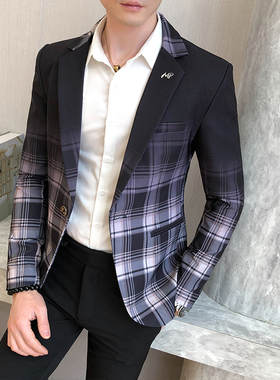 Men Blazer 2021 Spring New Colorblock Plaid Blazer Men Slim
