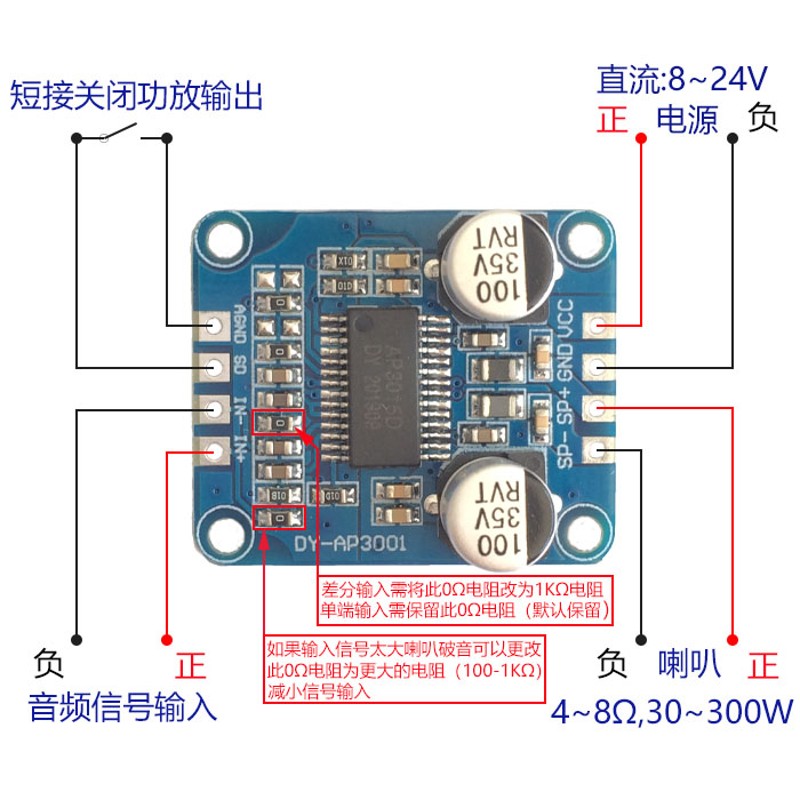 10W/20W/30W大功率功放模块D类数字功放板12V/24V供电DY-AP3001