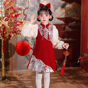 汉服冬装女童拜年服2025新款国风新年衣服旗袍套装儿童喜庆过年服