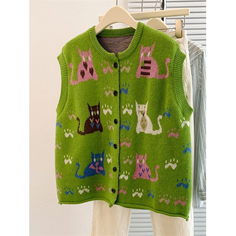 秋冬款森系文艺甜美针织宽松休闲显瘦卡通动物开衫毛衣马甲女