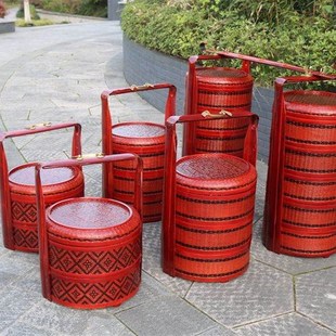 手工竹编竹制品喜事食盒提篮挑担喜事篮婚庆篮聘礼篮多层复古竹篮