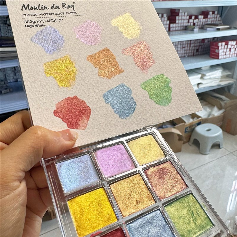 美奈酱定制珠光水彩颜料画画写字蝴蝶高光亚克力盒美甲珠光9色