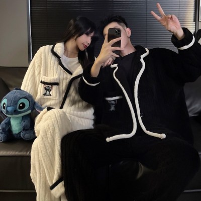 珊瑚绒情侣睡衣女秋冬季加厚2024新款可爱史迪仔大码男士冬天套装