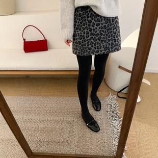 加厚羊毛呢豹纹半身裙女秋冬大码小个子高腰遮胯灰色a字包臂短裙