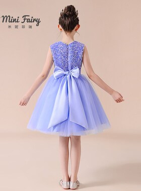 新款女童钢琴演出礼服花童短款网纱公主裙紫色亮片蓬蓬裙六一表演