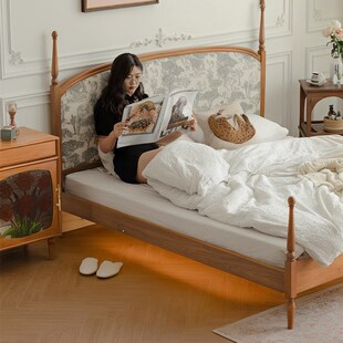 樱桃房间法式 花园床复古实木软包床北欧1.8米简约双人床1.5奶油风