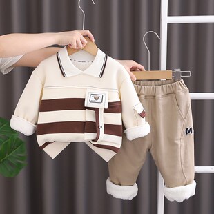 男童秋冬季加绒套装洋气男宝宝冬装加厚休闲卫衣两件套婴幼儿童装