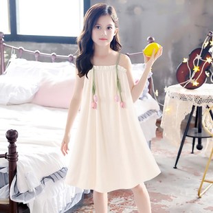 女童吊带睡裙夏季露肩宽松大码凉感型甜美可爱郁金香睡衣连衣裙